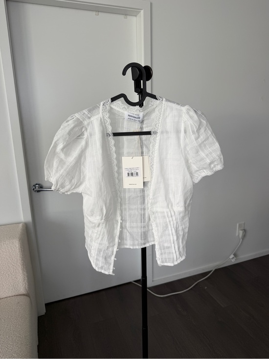 Peppermayo Tops - Peppermayo White Puff Sleeve Lace-Trim Button Blouse
